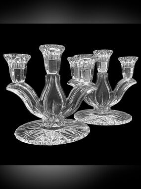 Vintage 1930s American Cut Crystal Art Deco 3 Light Candlestick Holders (2)